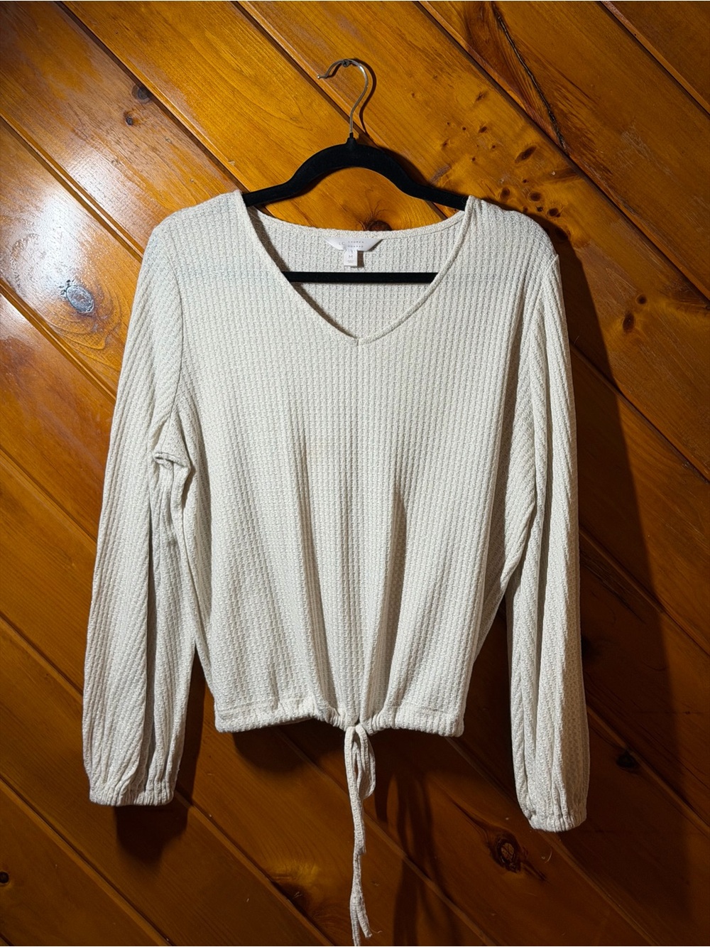 LC Lauren Conrad Cream Waffle V-Neck Tie-Hem Pullover